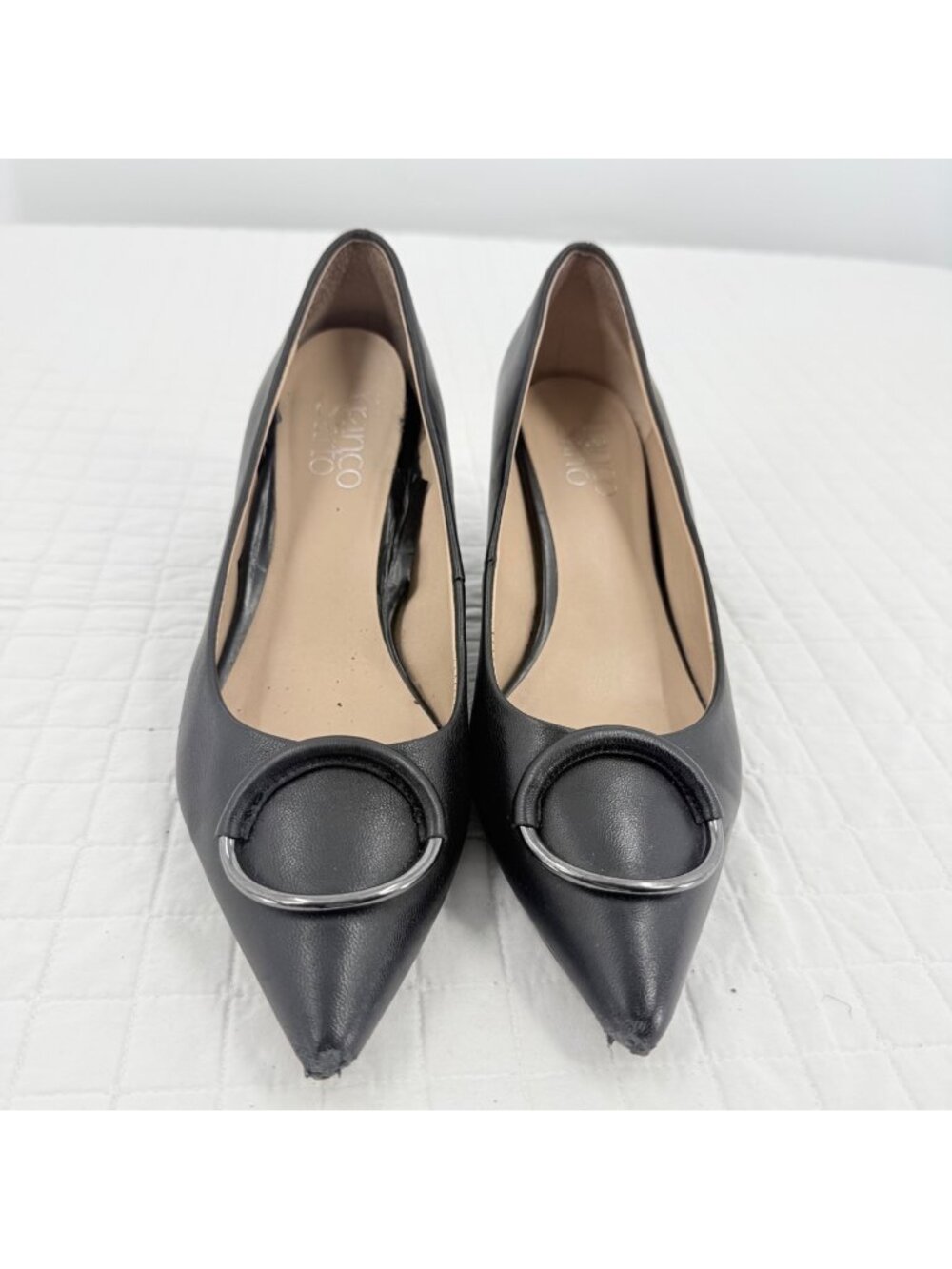 Franco Sarto Black Leather Pointed Toe Wedge Heels With Silver Accent Size 7.5